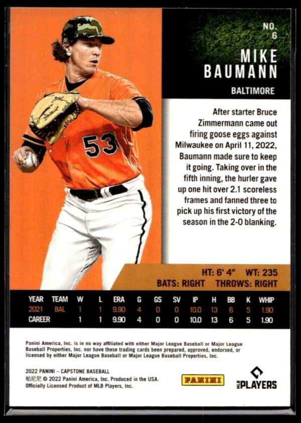_10 2022 Panini Capstone Baltimore Orioles #6 Mike Baumann RC Rookie Blue Foil