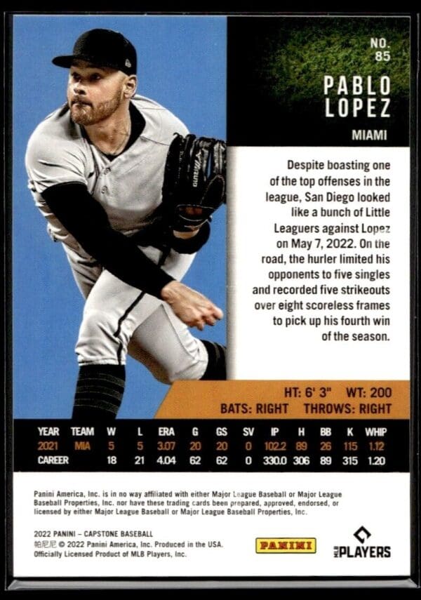 2022 Panini Capstone Miami Marlins #85 Pablo Lopez
