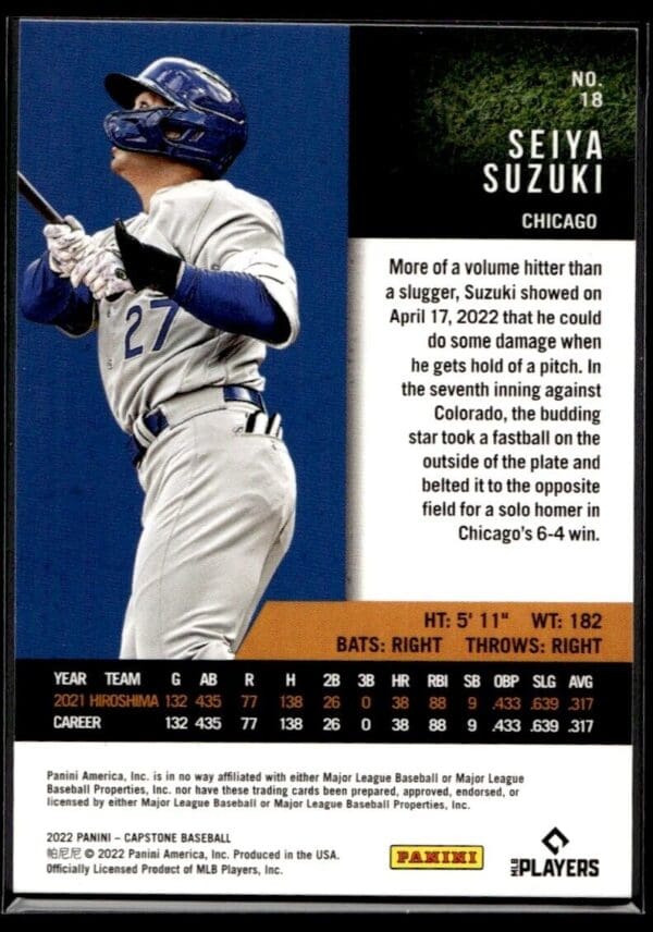 _10 2022 Panini Capstone Chicago Cubs #18 Seiya Suzuki RC Rookie Blue Foil