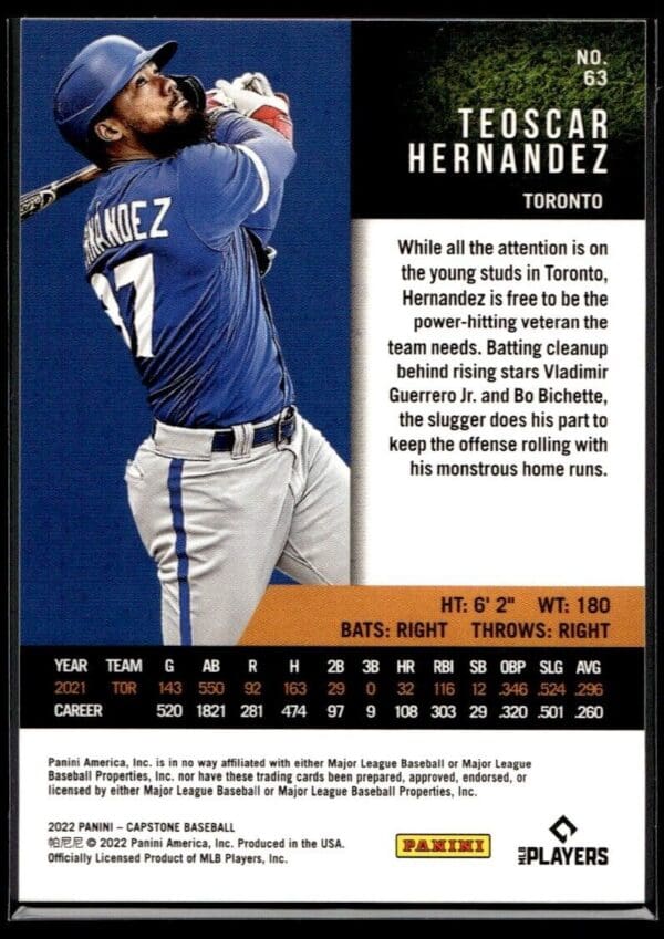 2022 Panini Capstone Toronto Blue Jays #63 Teoscar Hernandez Gold foil