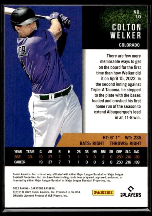 _10 2022 Panini Capstone Colorado Rockies #10 Colton Welker RC Rookie