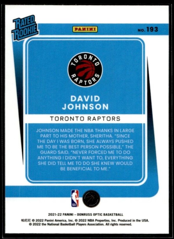 2021-22 Donruss Optic David Johnson Rookie Toronto Raptors #193