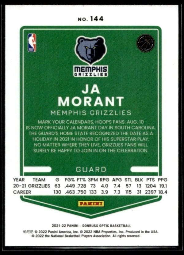 _10 2021-22 Donruss Optic Ja Morant Memphis Grizzlies #144
