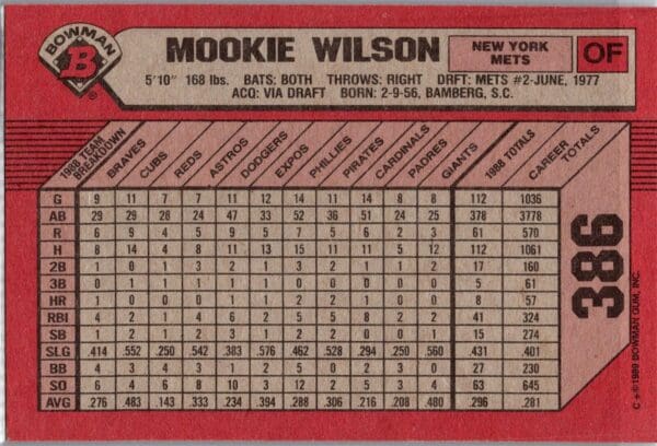 1989 Bowman New York Mets #386 Mookie Wilson