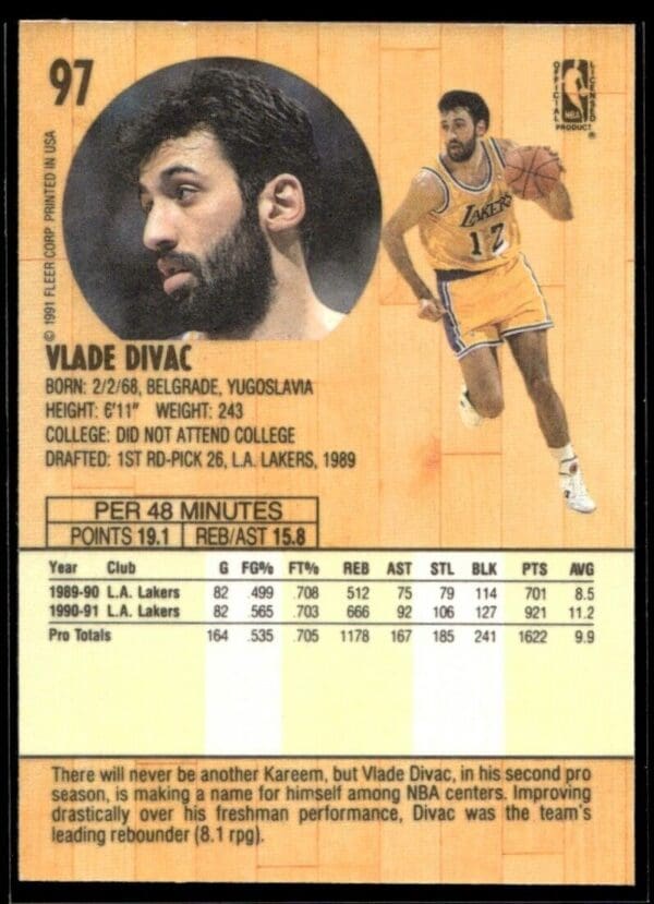 1991 Fleer Los Angeles Lakers #97 Vlade Divac