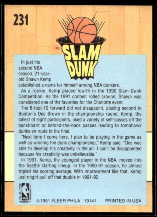 1991 Fleer Seattle SuperSonics #231 Shawn Kemp