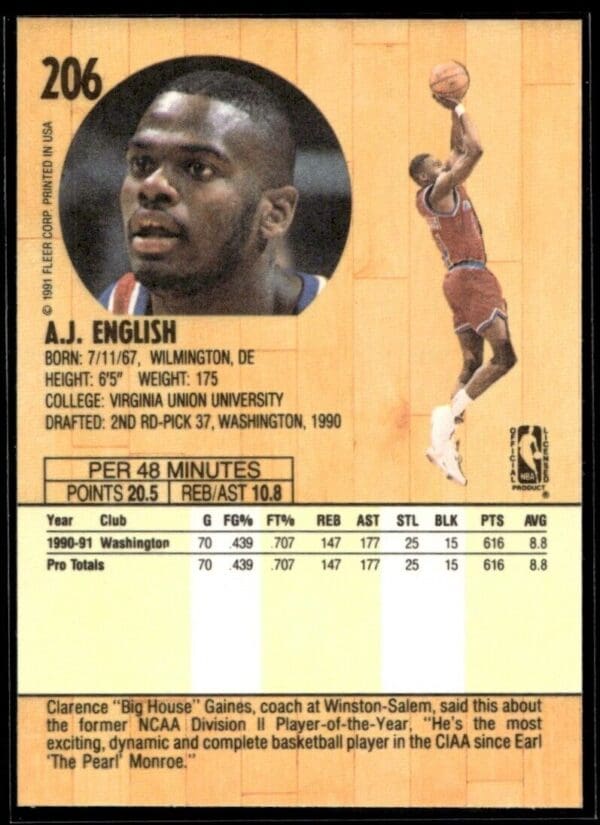 1991 Fleer Washington Bullets #206 A.J. English RC Rookie