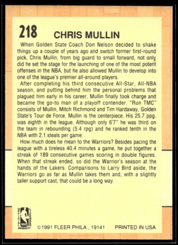1991 Fleer Golden State Warriors #218 Chris Mullin