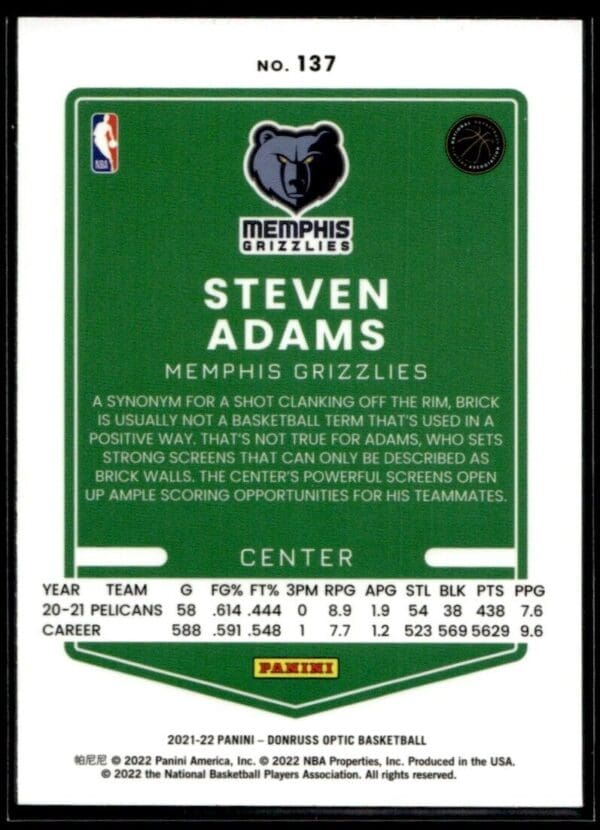 2021-22 Donruss Optic Steven Adams Memphis Grizzlies #137