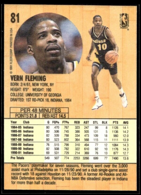 1991 Fleer Indiana Pacers #81 Vern Fleming
