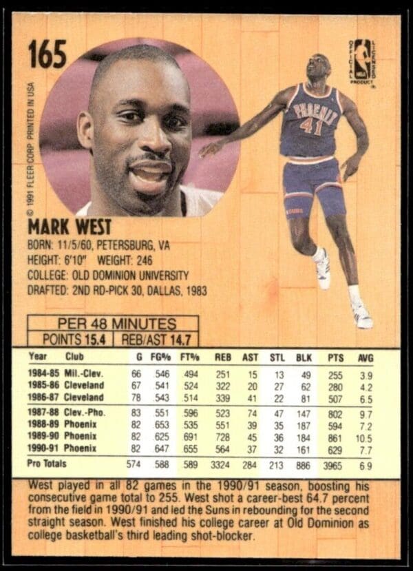 1991 Fleer Phoenix Suns #165 Mark West