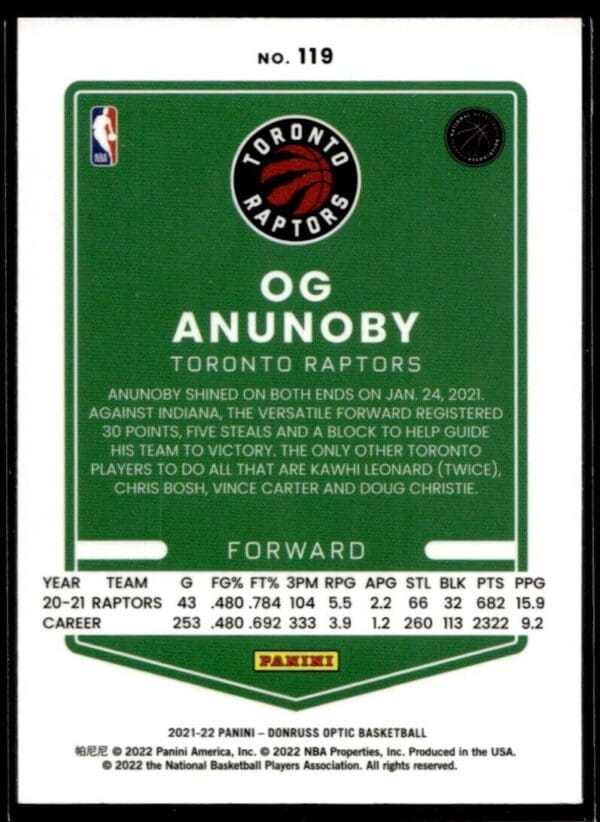 2021-22 Donruss Optic OG Anunoby Toronto Raptors #119