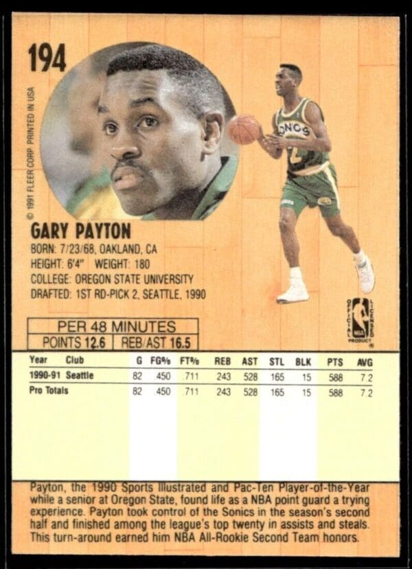 1991 Fleer Seattle SuperSonics #194 Gary Payton