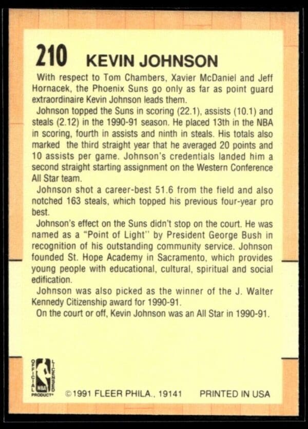 1991 Fleer Phoenix Suns #210 Kevin Johnson