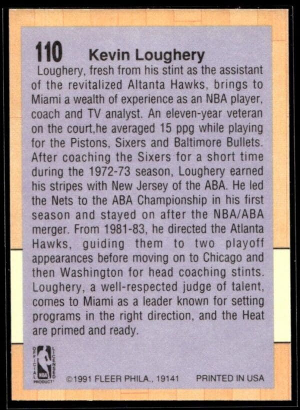 1991 Fleer Miami Heat #110 Kevin Loughery