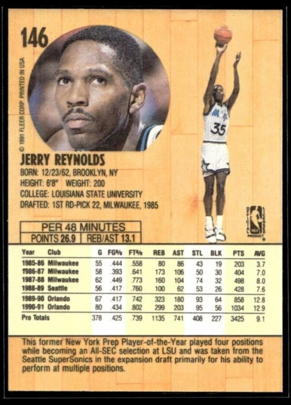 1991 Fleer Orlando Magic #146 Jerry Reynolds