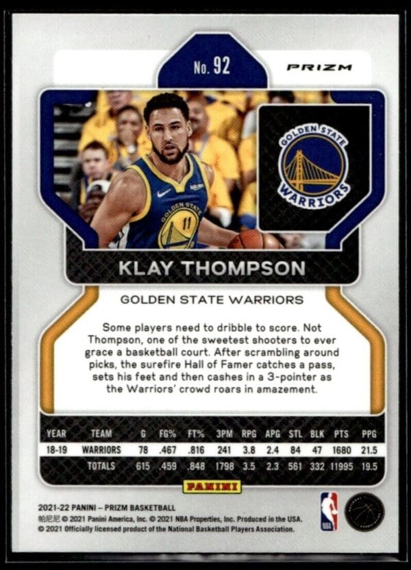 2021-22 Panini Prizm Klay Thompson Golden State Warriors #92