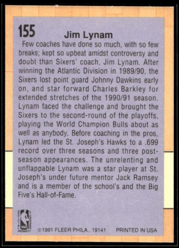 1991 Fleer Philadelphia 76ers #155 Jim Lynam