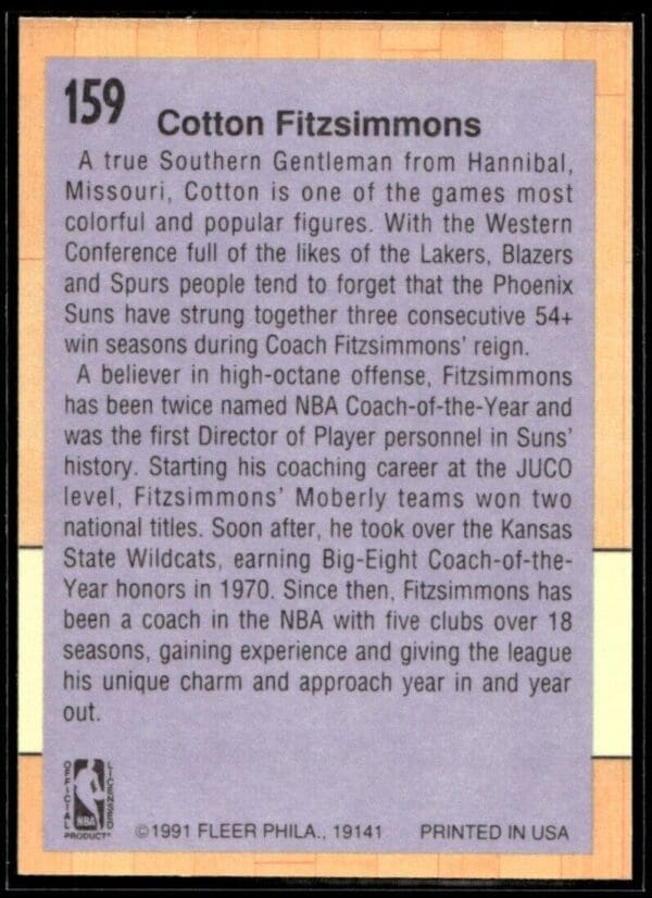1991 Fleer Phoenix Suns #159 Cotton Fitzsimmons