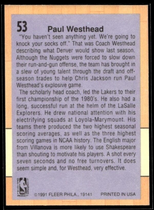 1991 Fleer Denver Nuggets #53 Paul Westhead