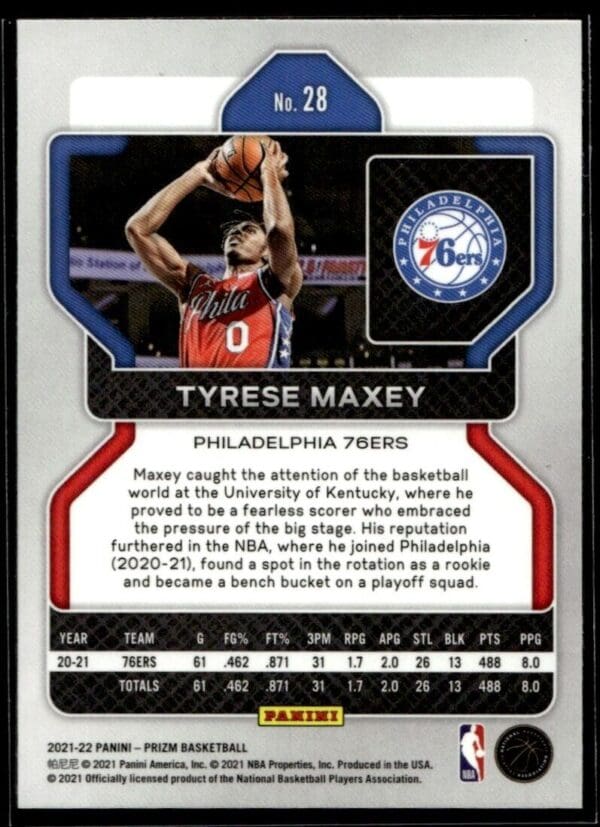 2021 Panini Prizm Philadelphia 76ers #28 Tyrese Maxey