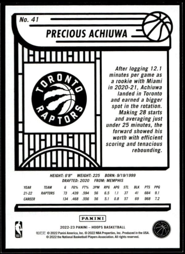 _10 2022 Hoops Toronto Raptors #41 Precious Achiuwa