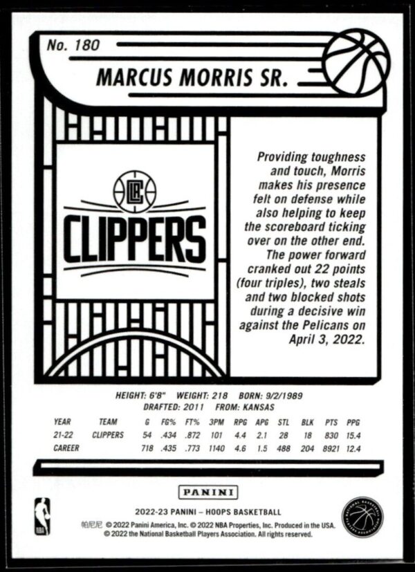 2022 Hoops Los Angeles Clippers #180 Marcus Morris Sr.