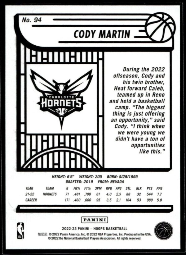 2022 Hoops Charlotte Hornets #94 Cody Martin