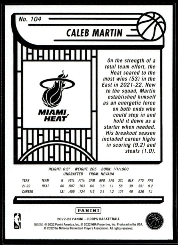 2022 Hoops Miami Heat #104 Caleb Martin