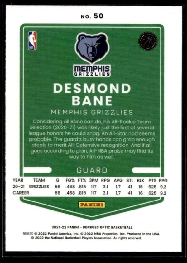 2021 Donruss Optic Memphis Grizzlies #50 Desmond Bane