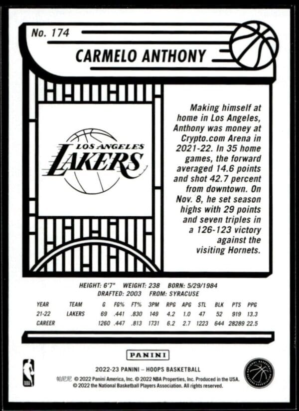 2022 Hoops Los Angeles Lakers #174 Carmelo Anthony