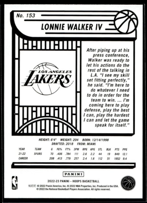 2022 Hoops Los Angeles Lakers #153 Lonnie Walker IV