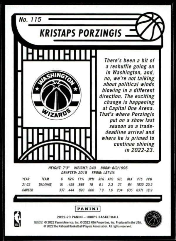 2022 Hoops Washington Wizards #115 Kristaps Porzingis