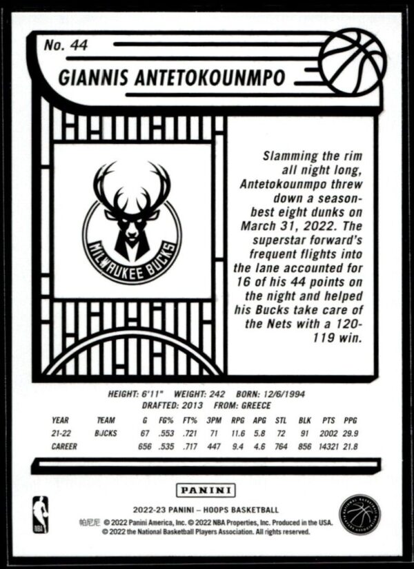 2022 Hoops Milwaukee Bucks #44 Giannis Antetokounmpo