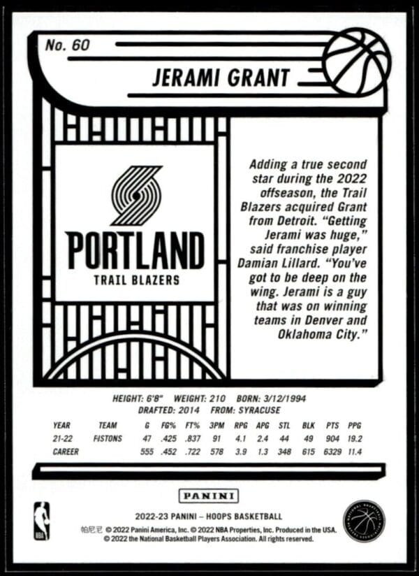 2022 Hoops Portland Trail Blazers #60 Jerami Grant