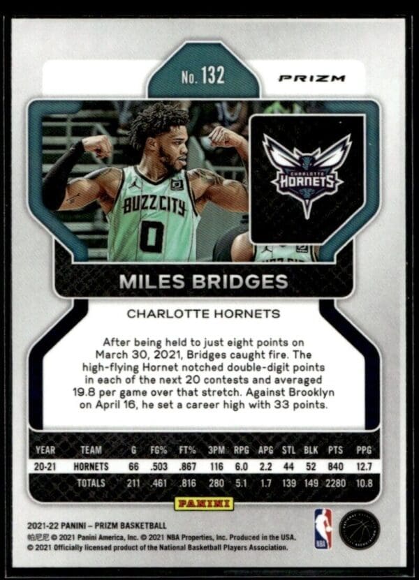 2021-22 Panini Prizm Miles Bridges Charlotte Hornets #132