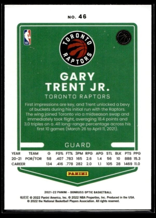 2021-22 Donruss Optic Gary Trent Jr. Toronto Raptors #46