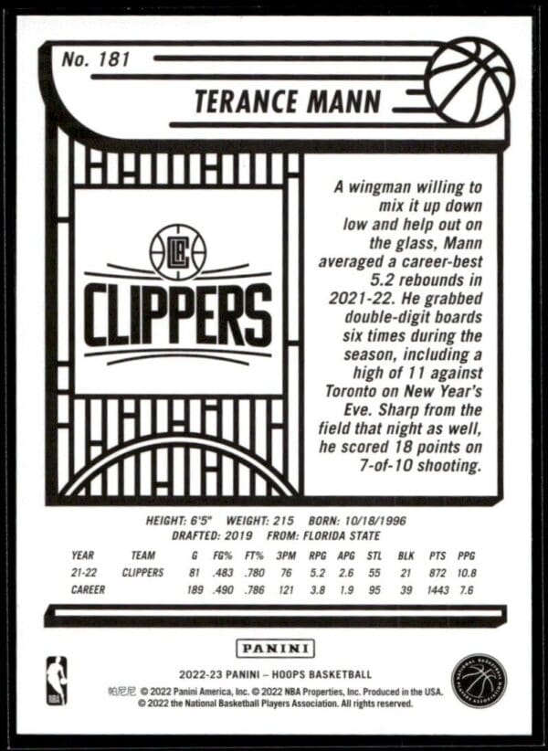 2022 Hoops Los Angeles Clippers #181 Terance Mann