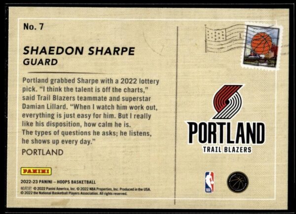 2022 Hoops Rookie Greetings Portland Trail Blazers #7 Shaedon Sharpe