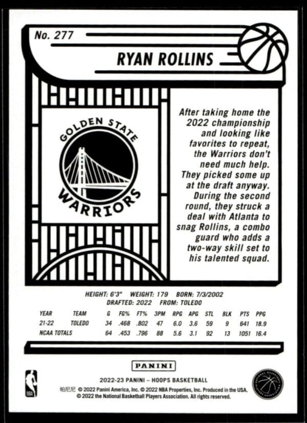 _10 2022 Hoops Golden State Warriors #277 Ryan Rollins RC Rookie