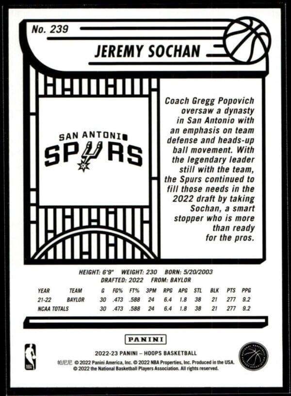 2022 Hoops San Antonio Spurs #239 Jeremy Sochan RC Rookie