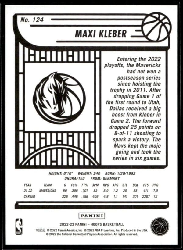 2022 Hoops Dallas Mavericks #124 Maxi Kleber