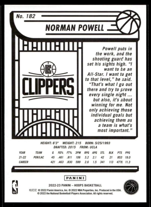 2022 Hoops Los Angeles Clippers #182 Norman Powell