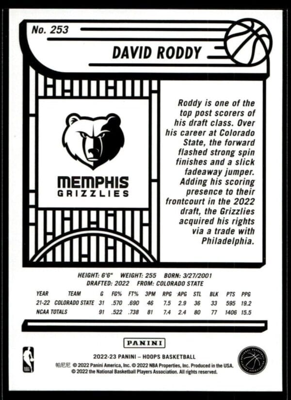 2022 Hoops Memphis Grizzlies #253 David Roddy RC Rookie