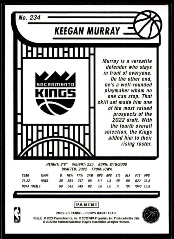 2022 Hoops Sacramento Kings #234 Keegan Murray RC Rookie