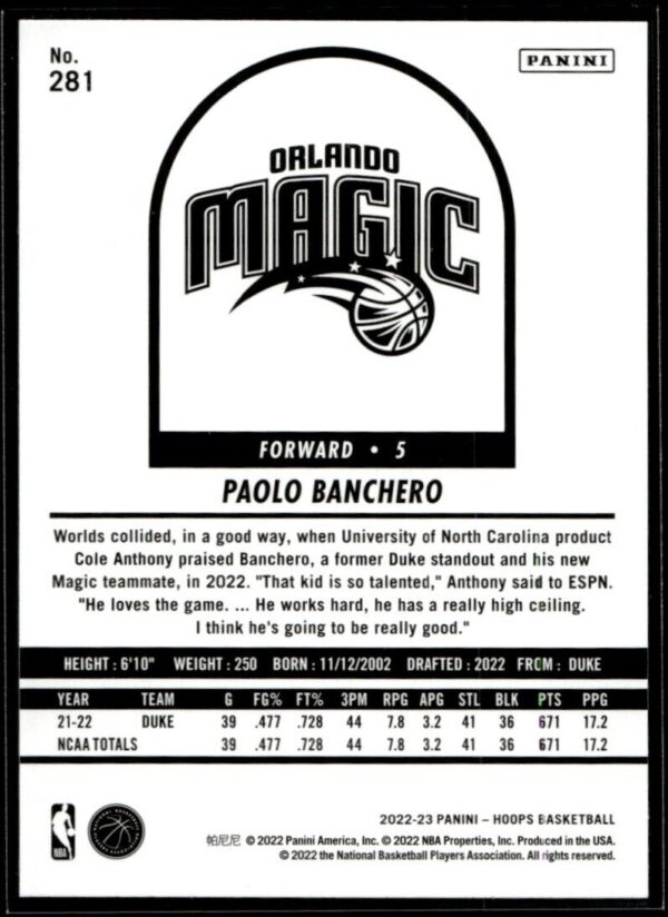 _10 2022 Hoops Orlando Magic #281 Paolo Banchero RC Rookie