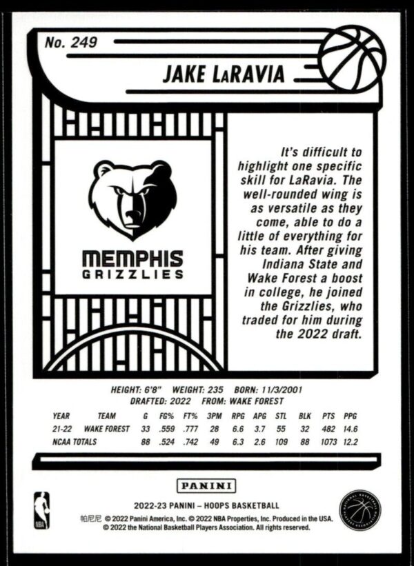 2022 Hoops Memphis Grizzlies #249 Jake LaRavia RC Rookie