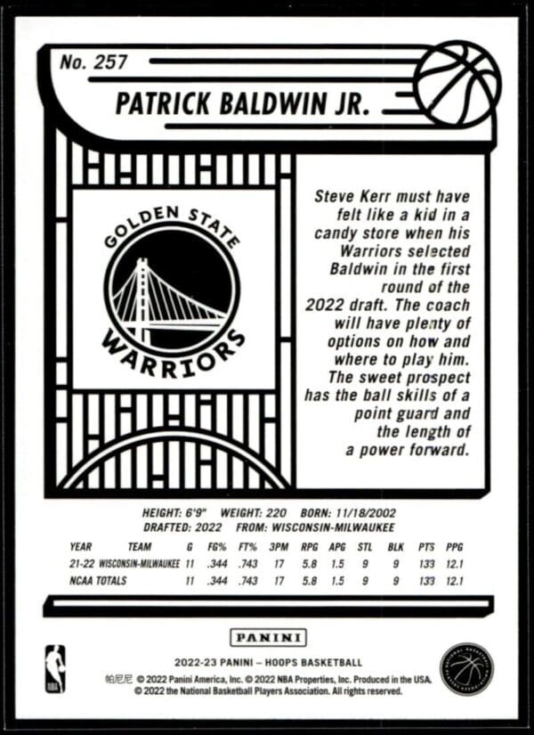 _10 2022 Hoops Golden State Warriors #257 Patrick Baldwin Jr. RC Rookie