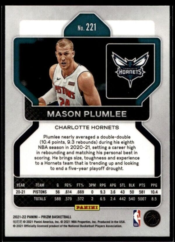 2021-22 Panini Prizm Mason Plumlee Charlotte Hornets #221
