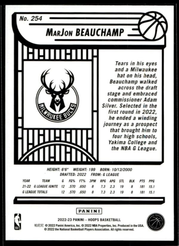 2022 Hoops Milwaukee Bucks #254 MarJon Beauchamp RC Rookie